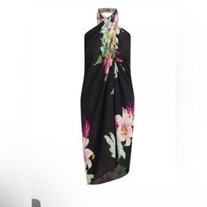 Walter Baker Black Floral Tie-Waist Sarong with Pink & Green Print